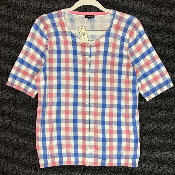 Talbots Womens M Plaid Cardigan Blue Pink Cotton Blend Preppy Academia NWT $79 - Picture 1 of 5